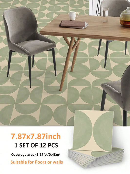 12PCS Scandinavian Geometric Pattern Floor Stickers Thickened Hard Pieces Faux Tile Stickers Strong Adhesion for Cement Walls.