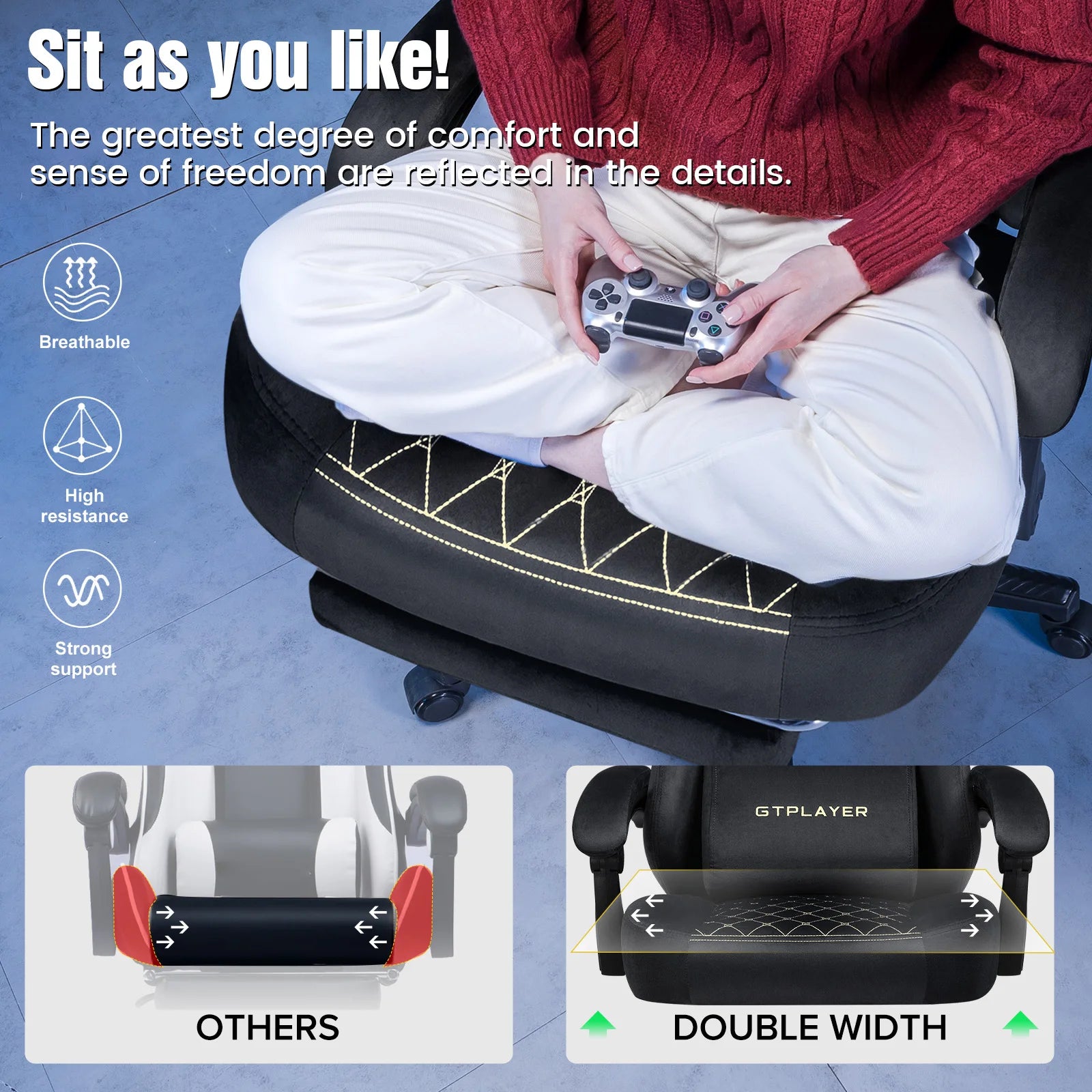 GTPLAYER Fabric Gaming Chair – Ergonomic Swivel Chair with Pocket Spring Cushion & Footrest - Image 3