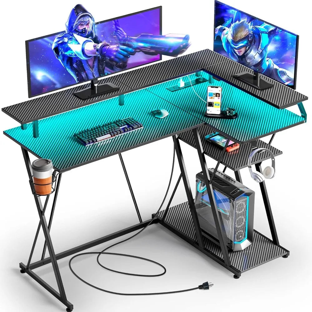 L-Shaped Gaming Desk with LED Lights & Power Outlets – 47” Reversible Corner Desk with Storage Shelf & Monitor Stand - Image 6