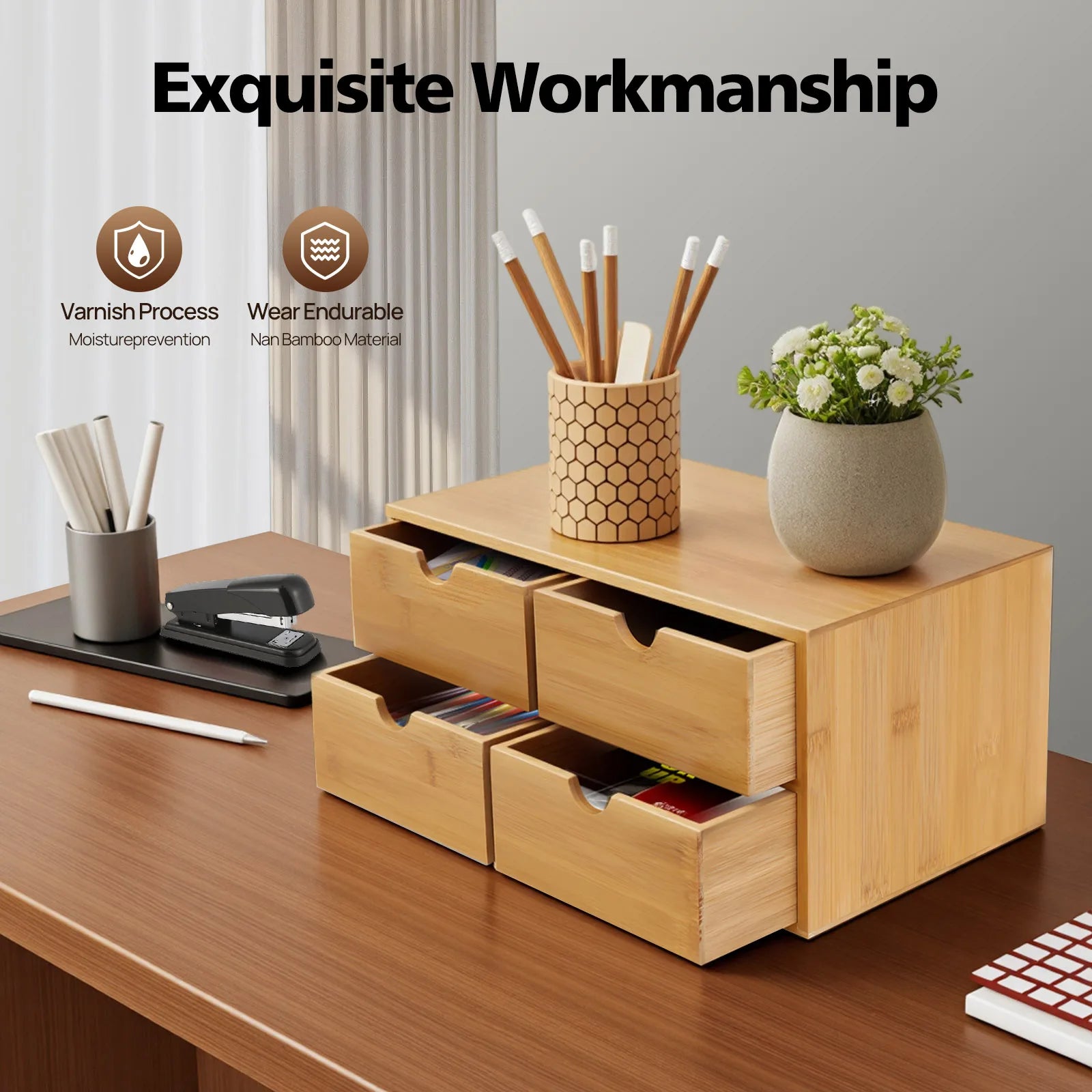 2/4-Drawer Mini Bamboo Desk Organizer – Tabletop Storage Box for Office, Home, Toiletries & Supplies - Image 2