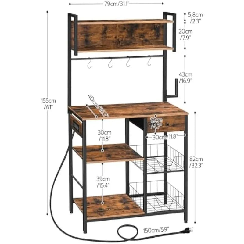 Bakers Rack with 4 AC Power Outlets – 5-Tier Coffee Bar with Wire Basket, Microwave Stand, Paper Holder & Drawer - Image 3