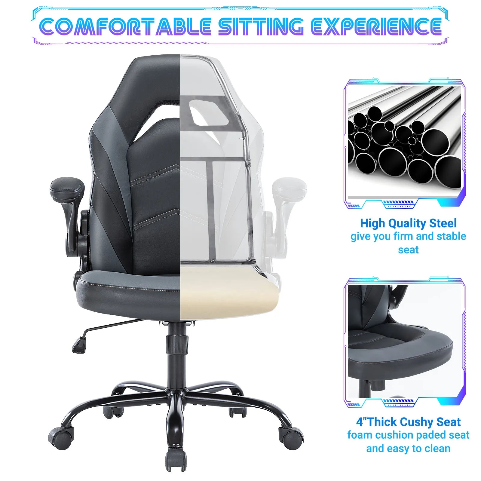 JHK Ergonomic PU Leather Gaming & Office Chair – Adjustable Racing Style with Flip-Up Armrests - Image 5