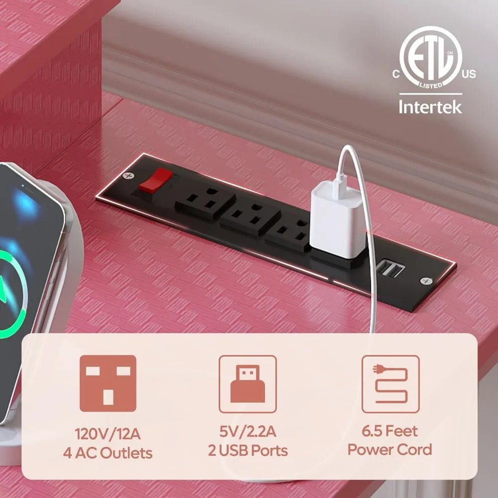 52" Pink Gaming Desk – with LED Lights, Power Outlet, Monitor Stand & Headphone Hook - Image 4