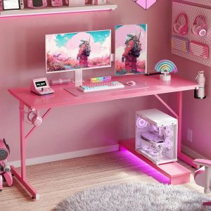 52" Pink Gaming Desk โ with LED Lights, Power Outlet, Monitor Stand & Headphone Hook