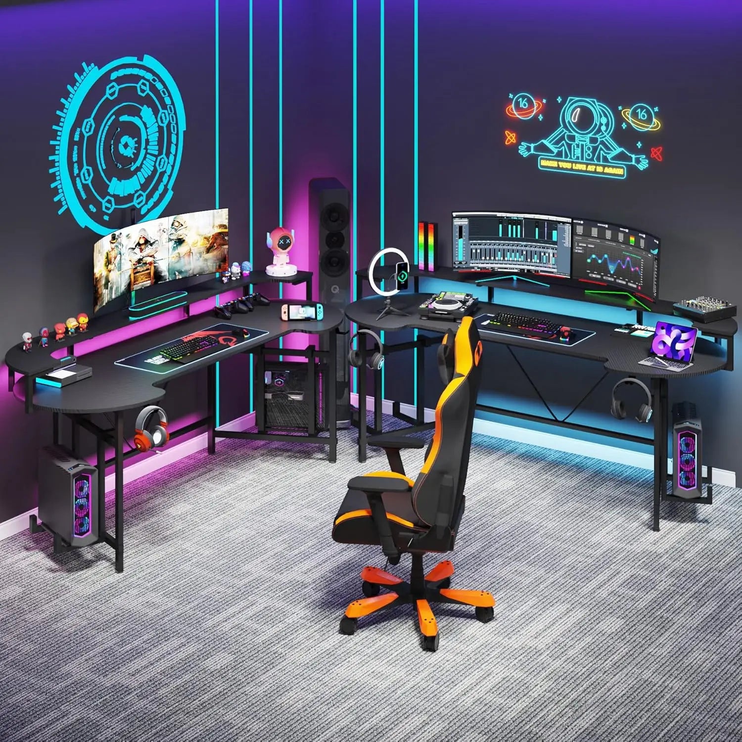 75-Inch Gaming Desk – Large Computer Desk with Monitor Shelf & RGB LED Lights for Bedroom or Home Office - Image 4