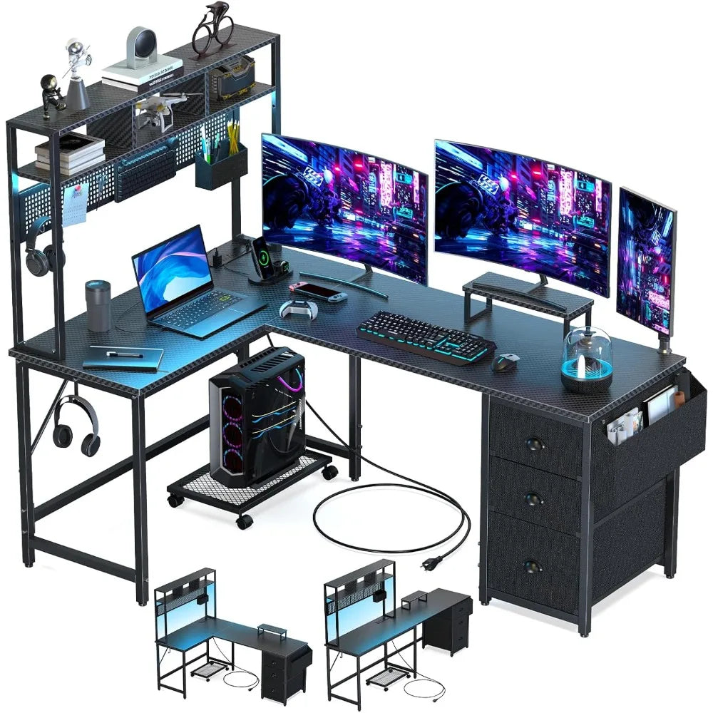 94.5" Gaming Desk with Pegboard Shelves – L-Shaped Computer Desk with Drawers, Power Outlet, LED Lights & Monitor Stand - Image 2