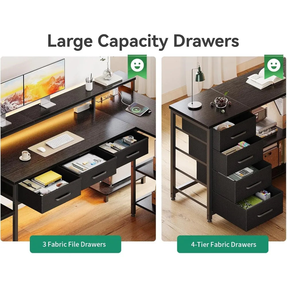 L-Shaped Desk with 7 File Drawers – Computer Desk with Monitor Shelf & Power Outlets for Home Office Storage - Image 5