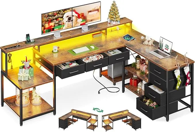 L-Shaped Desk with 7 File Drawers – Computer Desk with Monitor Shelf & Power Outlets for Home Office Storage - Image 10