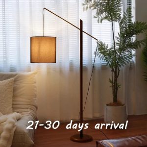 European Wood Floor Lamp – Fabric Lampshade Standing Light with E27 Socket for Living Room & Reading Corners