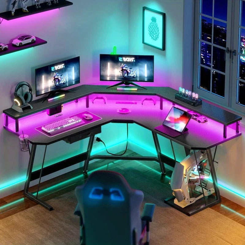 Gaming Corner Desk – L-Shaped Computer Desk with RGB LED Lights & Built-In Power Outlets - Image 7