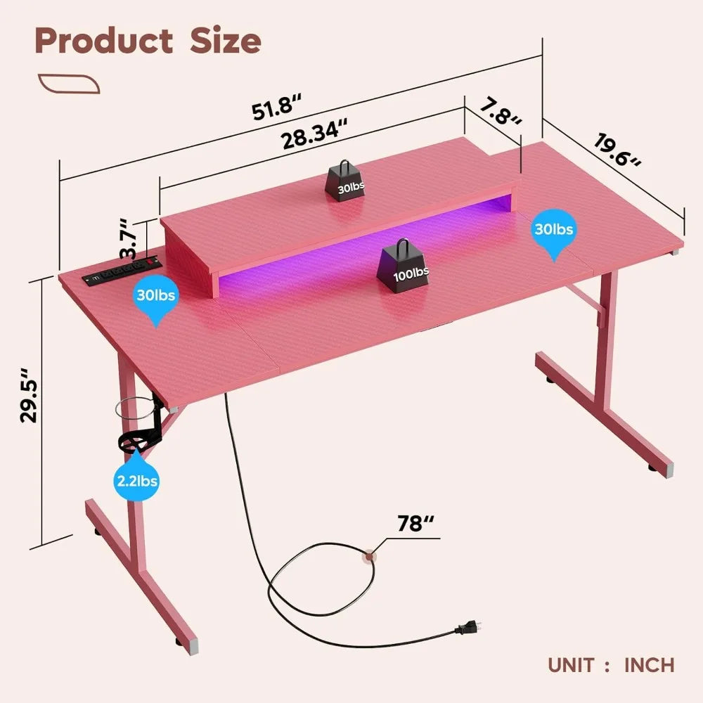 52" Pink Gaming Desk – with LED Lights, Power Outlet, Monitor Stand & Headphone Hook - Image 2