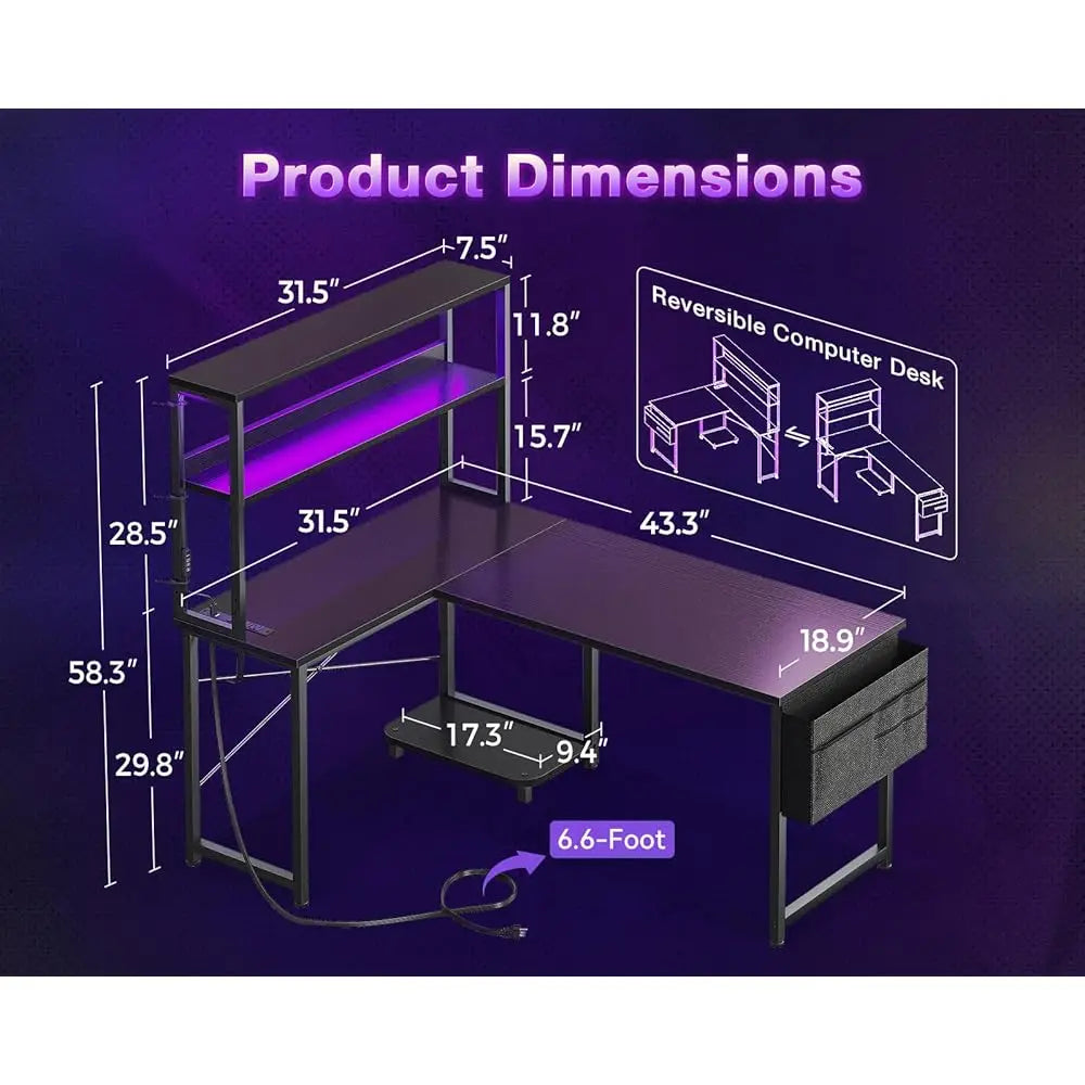 43" L-Shaped Gaming Desk – Reversible Corner Desk with LED Lighting, Power Outlets & Storage Shelves - Image 3