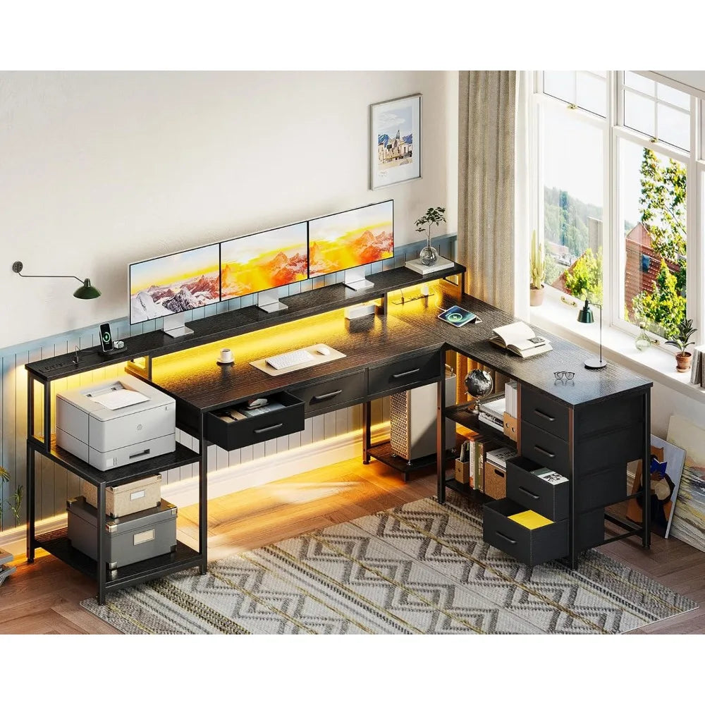 L-Shaped Desk with 7 File Drawers – Computer Desk with Monitor Shelf & Power Outlets for Home Office Storage - Image 2