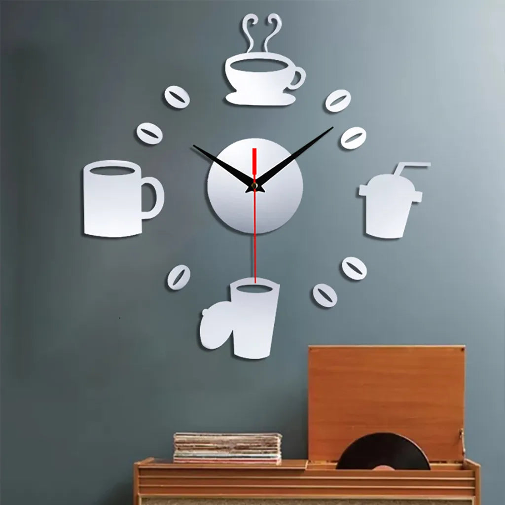 3D Mirror Wall Clock – Modern Silent Acrylic DIY Wall Art with Coffee Cup Design - Image 3
