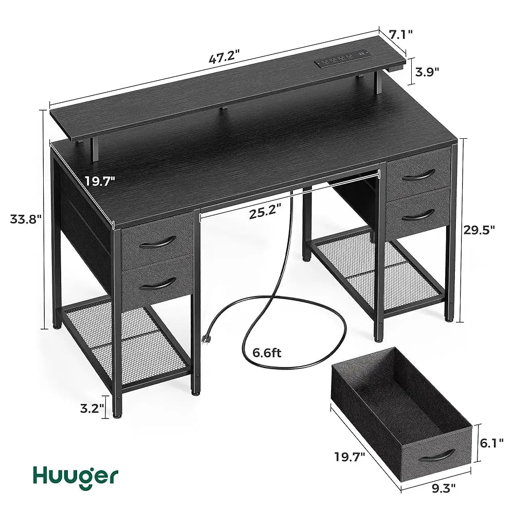 47" Computer Desk with 4 Drawers – Gaming Desk with LED Lights & Power Outlets for Home Office Storage - Image 2