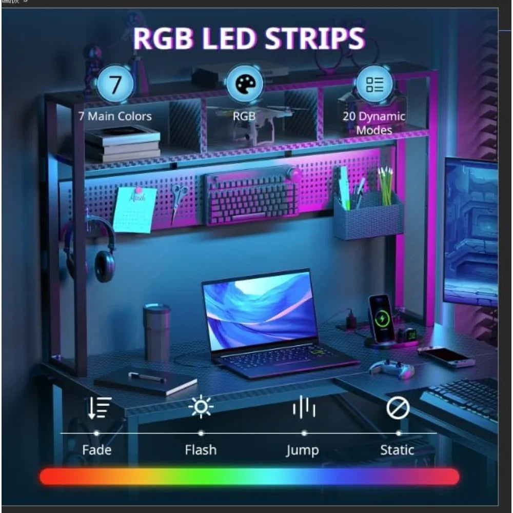 94.5" Gaming Desk with Pegboard Shelves – L-Shaped Computer Desk with Drawers, Power Outlet, LED Lights & Monitor Stand - Image 3
