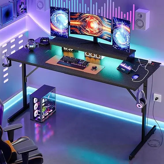 52" Pink Gaming Desk – with LED Lights, Power Outlet, Monitor Stand & Headphone Hook - Image 8