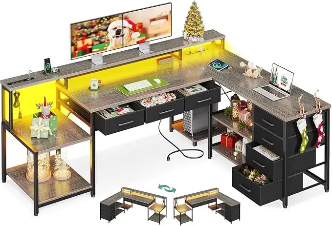 L-Shaped Desk with 7 File Drawers – Computer Desk with Monitor Shelf & Power Outlets for Home Office Storage - Image 9