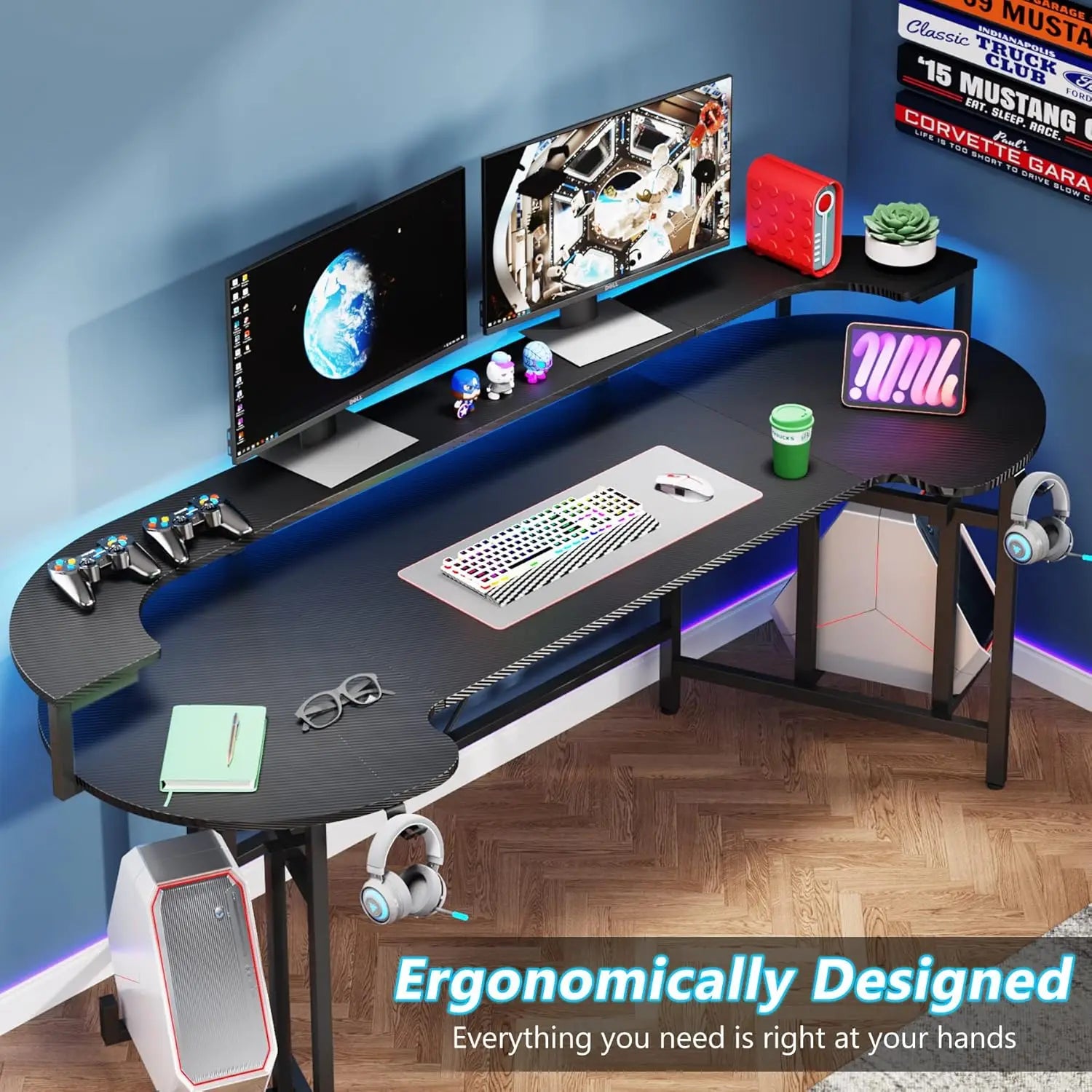 75-Inch Gaming Desk – Large Computer Desk with Monitor Shelf & RGB LED Lights for Bedroom or Home Office - Image 5