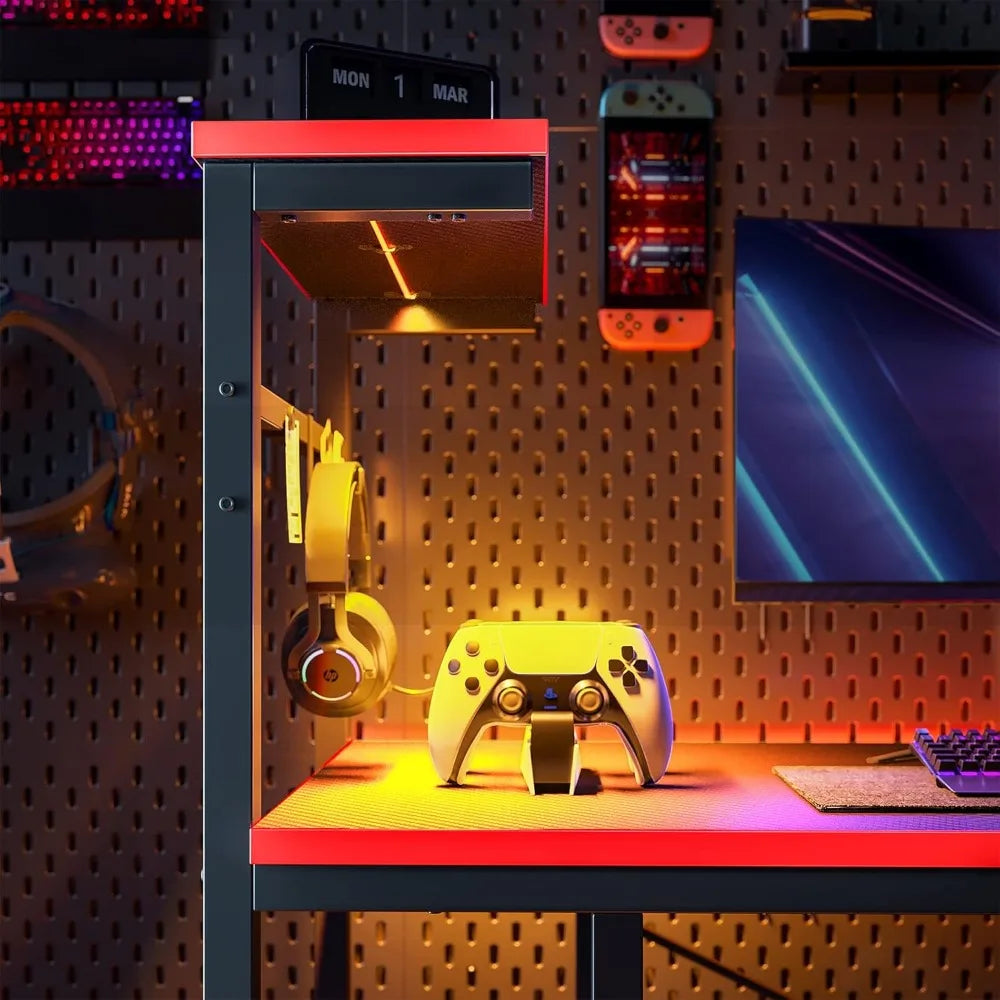 Gaming Desk with LED Lights – 44" PC Gamer Desk for Small Spaces with Reversible Storage Shelves & Side Storage - Image 5