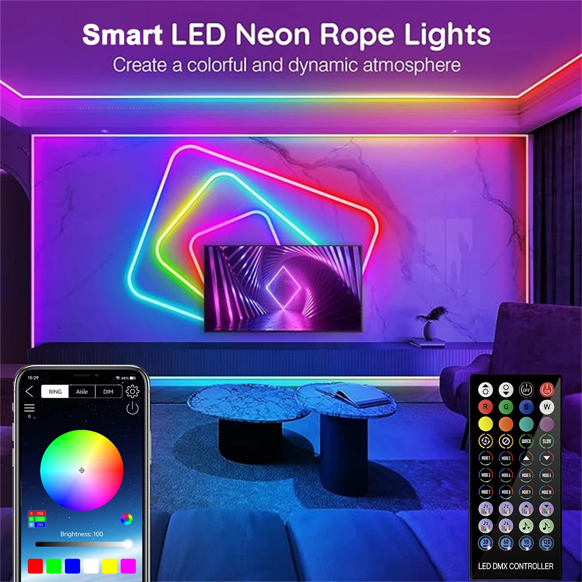 24V RGB Neon Strip Light – 3M/5M/10M Waterproof LED Rope with Bluetooth, Remote & Music Sync - Image 2