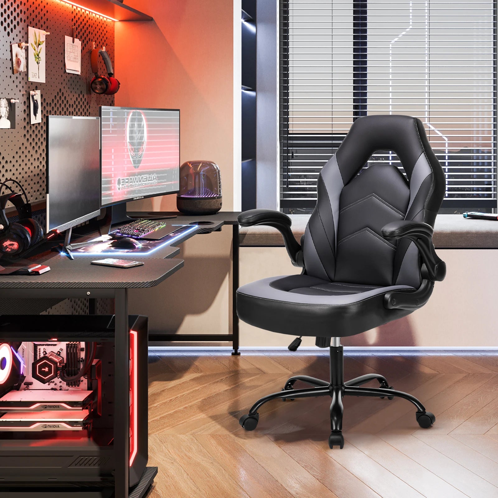 JHK Ergonomic PU Leather Gaming & Office Chair – Adjustable Racing Style with Flip-Up Armrests - Image 2