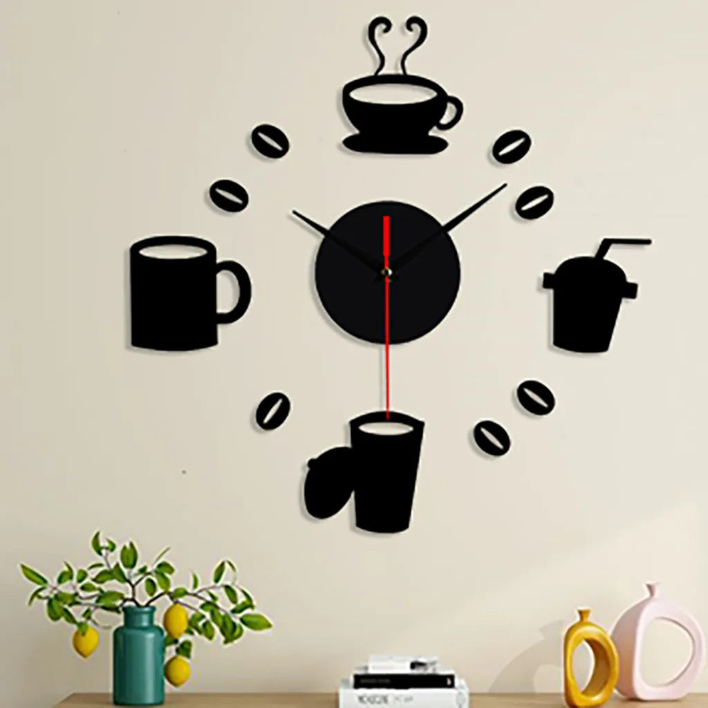 3D Mirror Wall Clock – Modern Silent Acrylic DIY Wall Art with Coffee Cup Design