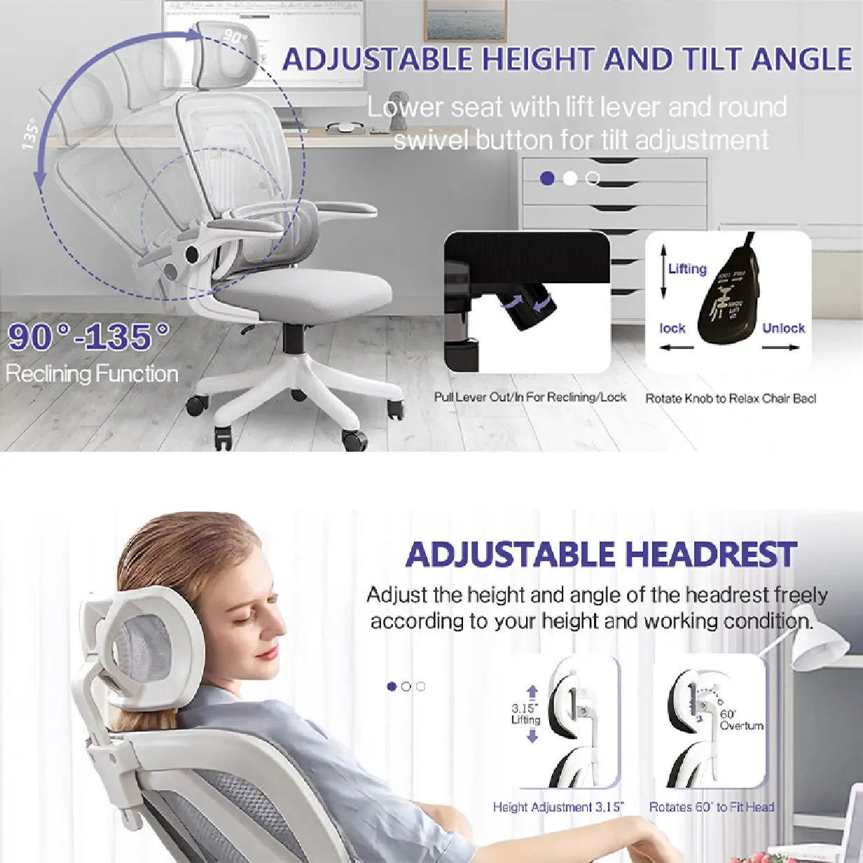 Ergonomic Office Chair – Adjustable High Back Mesh Chair with Lumbar Support and Flip-Up Arms - Image 5