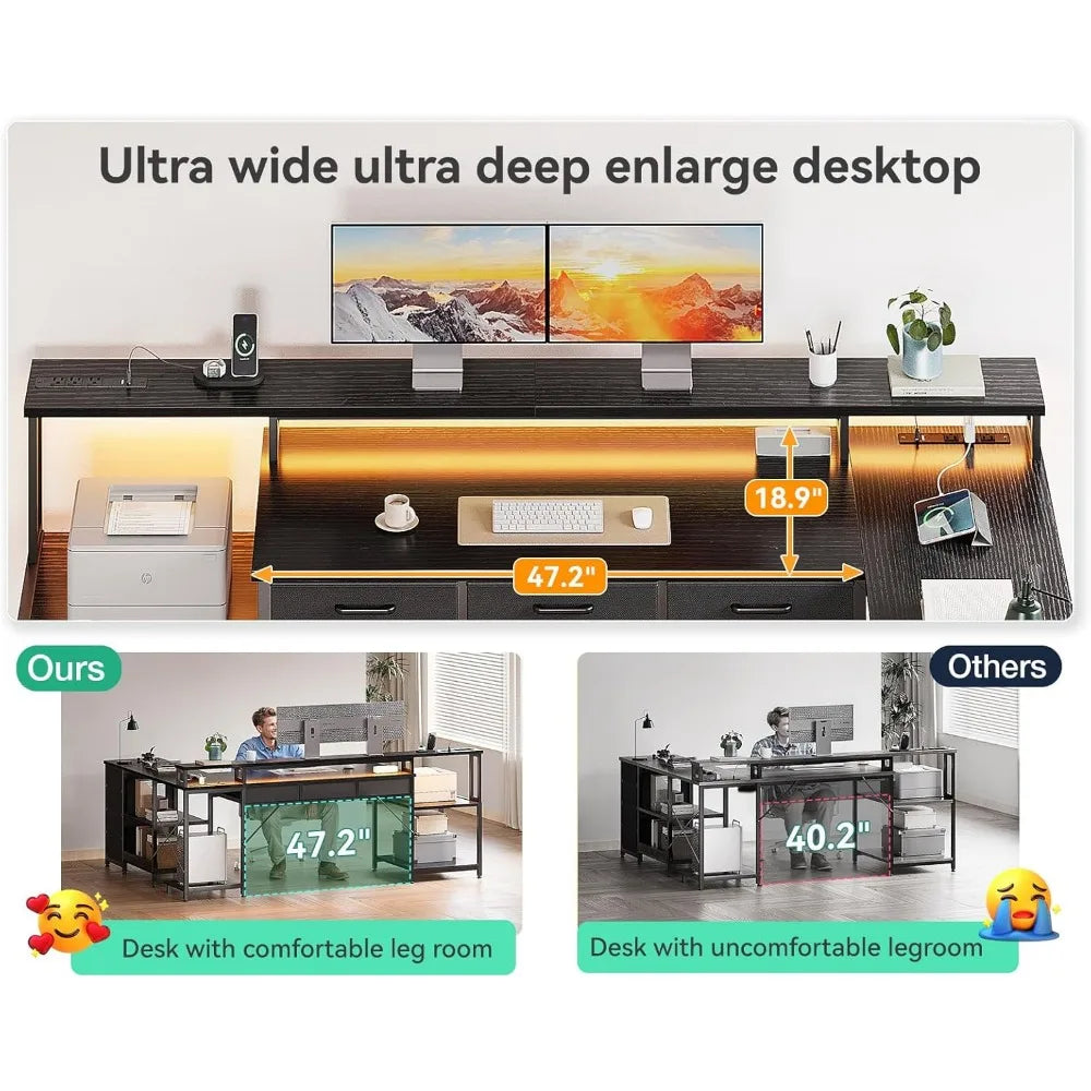 L-Shaped Desk with 7 File Drawers – Computer Desk with Monitor Shelf & Power Outlets for Home Office Storage - Image 6