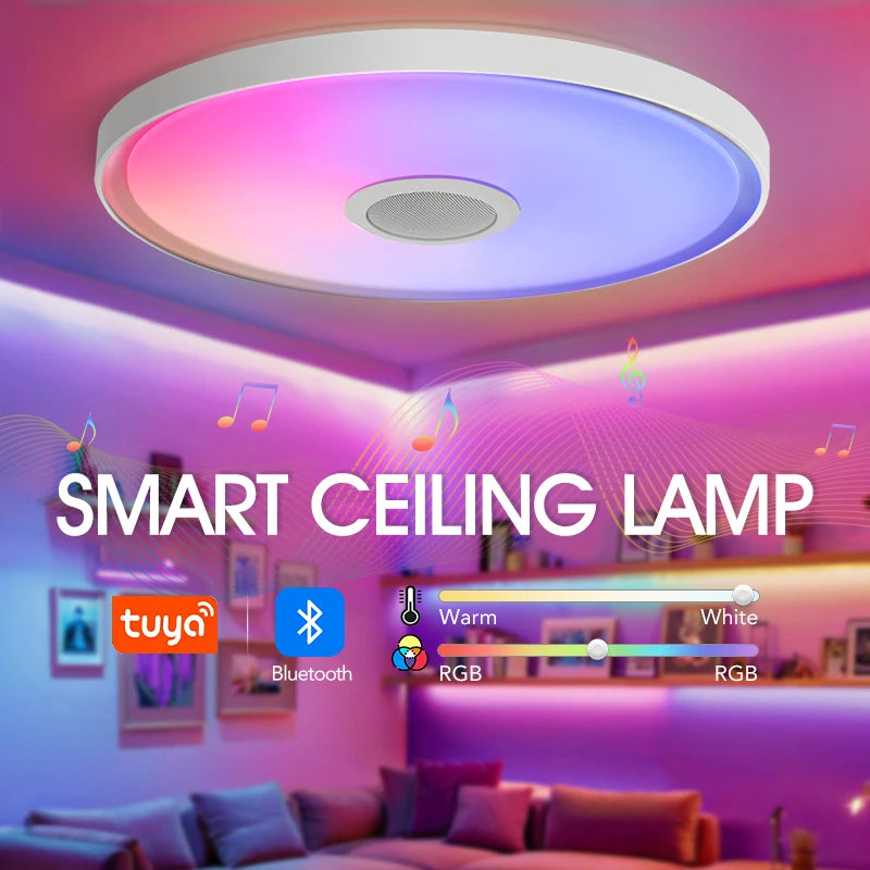 LED Smart Ceiling Lamp – RGB+CW Dimmable Light with APP & Remote Control, Music Speaker for Home Decor