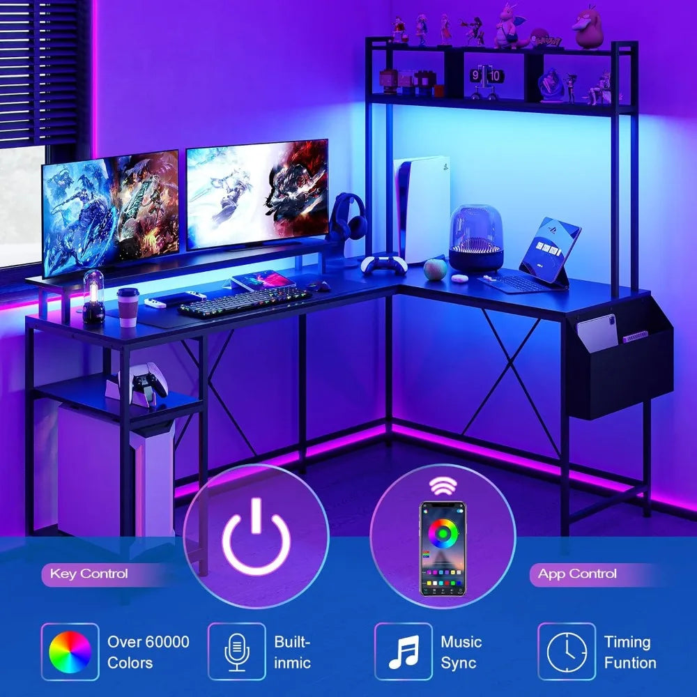 L-Shaped Computer Gaming Desk with LED Lights & Power Outlets – 67" Reversible Large Desk with Monitor Stand & Storage - Image 3