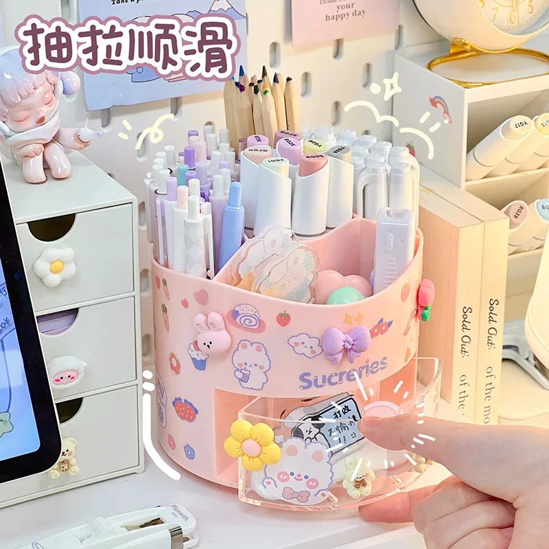 Cute Rotating Pen Holder with Drawer – Kawaii Stationery Storage Box Organizer for School & Office Desks - Image 2