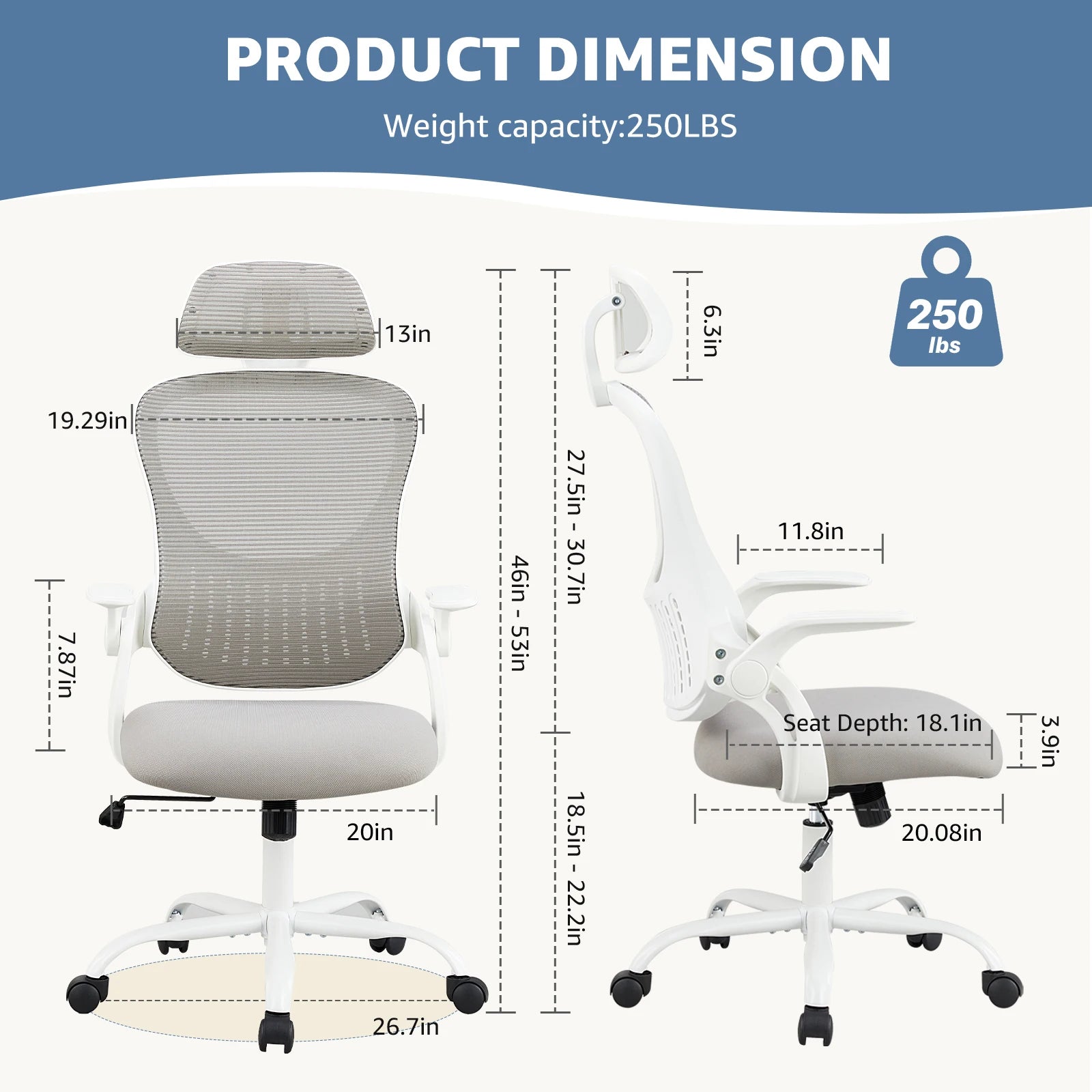 JHK Mesh Ergonomic Office Computer Desk Chair – Flip-Up Arms, Adjustable Headrest & Lumbar Support - Image 3