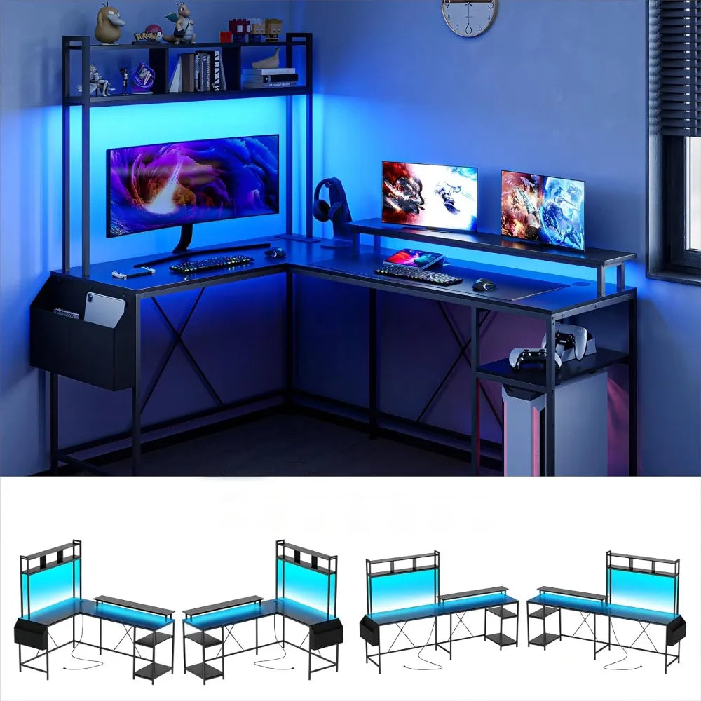 L-Shaped Computer Gaming Desk with LED Lights & Power Outlets – 67" Reversible Large Desk with Monitor Stand & Storage - Image 2