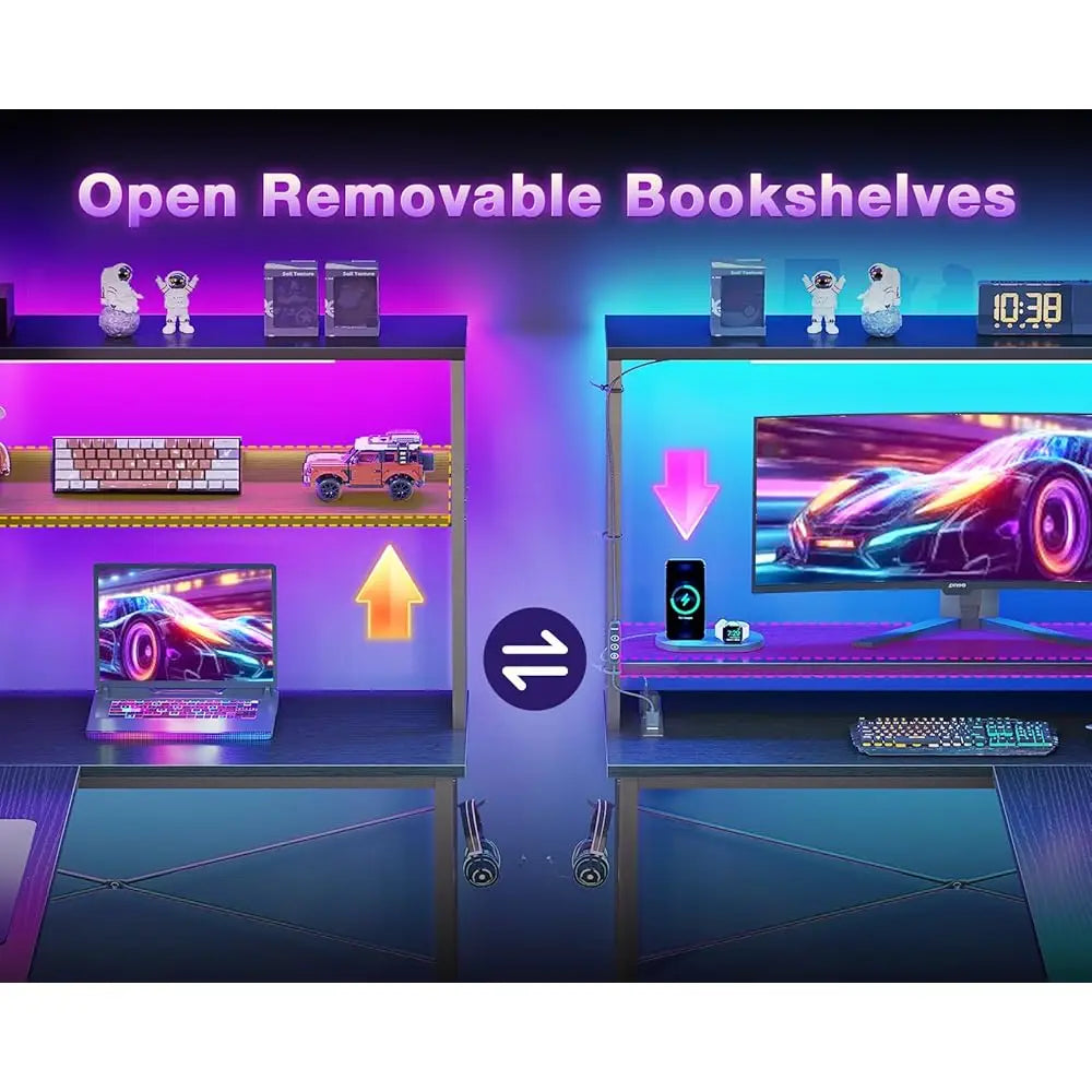 43" L-Shaped Gaming Desk – Reversible Corner Desk with LED Lighting, Power Outlets & Storage Shelves - Image 6