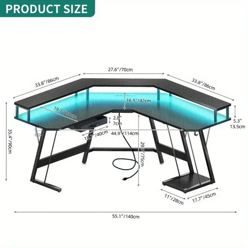 Gaming Corner Desk – L-Shaped Computer Desk with RGB LED Lights & Built-In Power Outlets - Image 3
