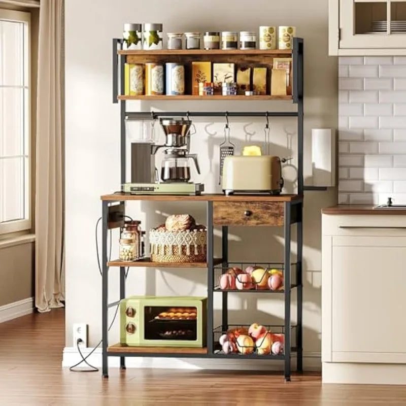 Bakers Rack with 4 AC Power Outlets – 5-Tier Coffee Bar with Wire Basket, Microwave Stand, Paper Holder & Drawer - Image 2