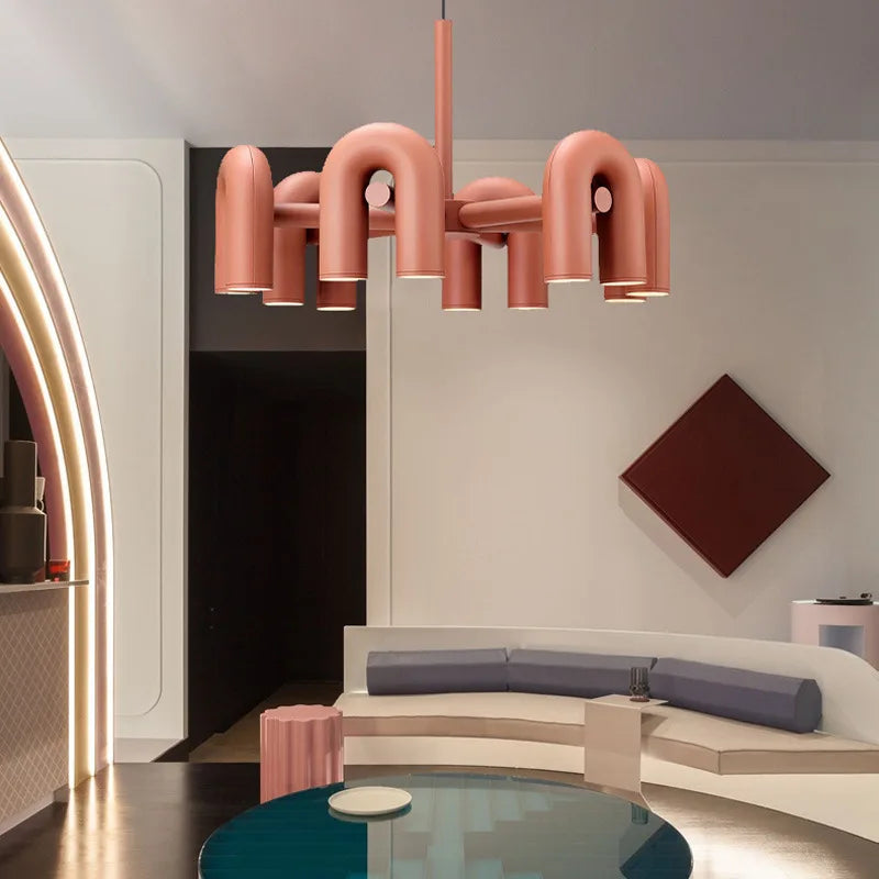 Nordic Macaron U-Shaped LED Chandelier – Creative Pendant Light for Living Room, Kitchen, Office & Loft Spaces - Image 4