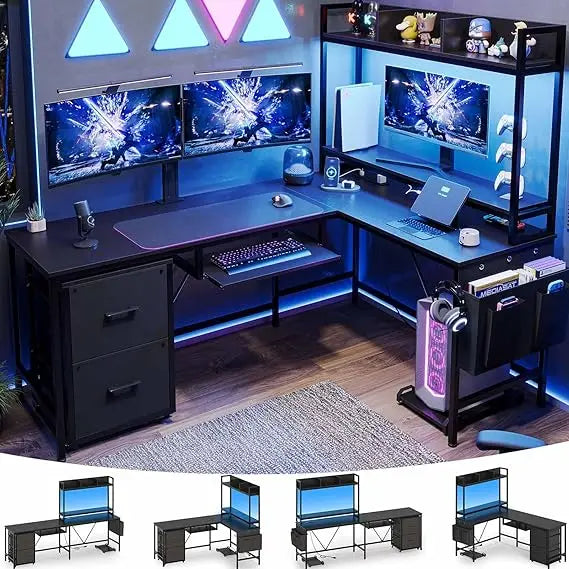 L-Shaped Gaming Desk with Keyboard Tray – Reversible Computer Desk with Power Outlet, Corner Home Office Desk with Mobile File Cabinet - Image 7