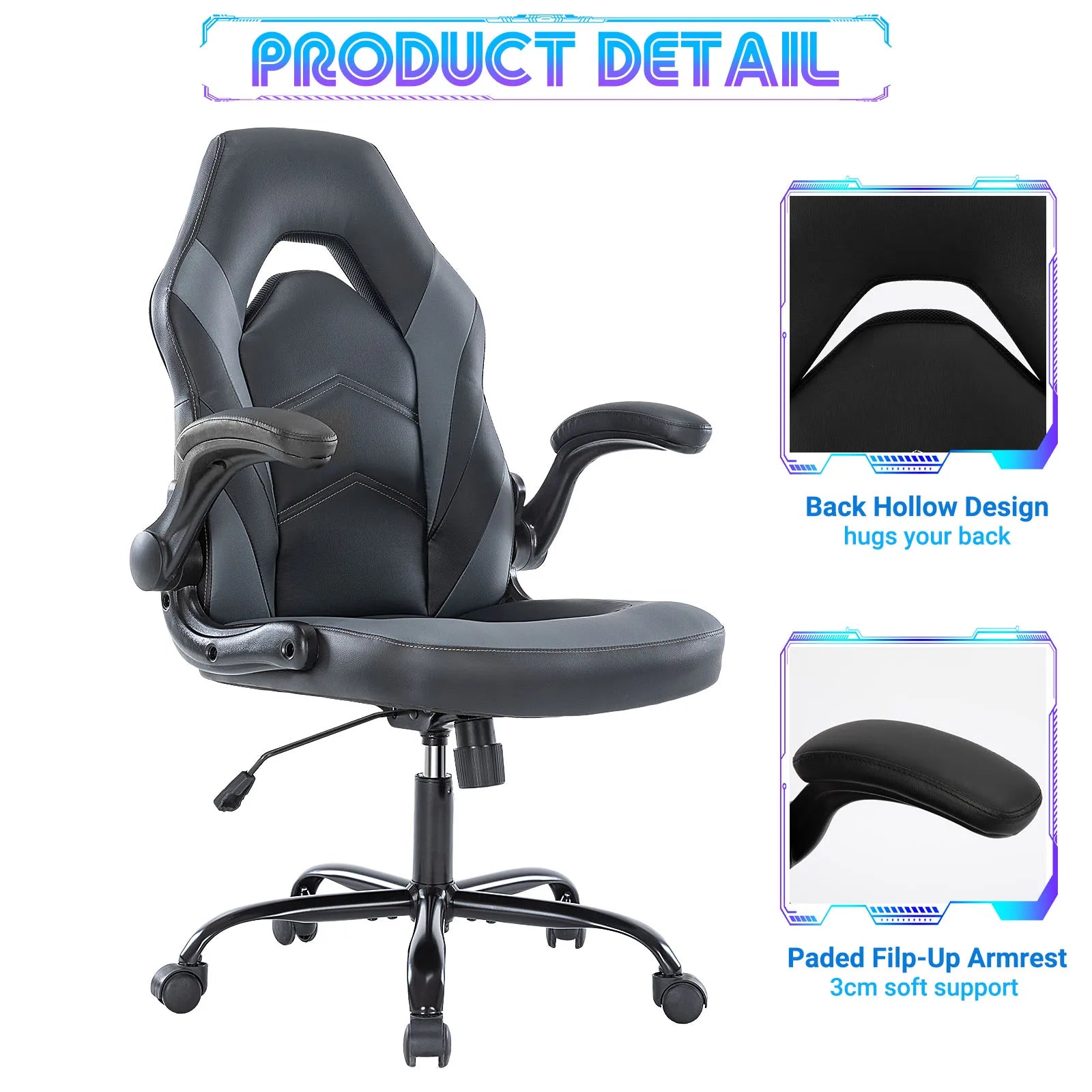JHK Ergonomic PU Leather Gaming & Office Chair – Adjustable Racing Style with Flip-Up Armrests - Image 4