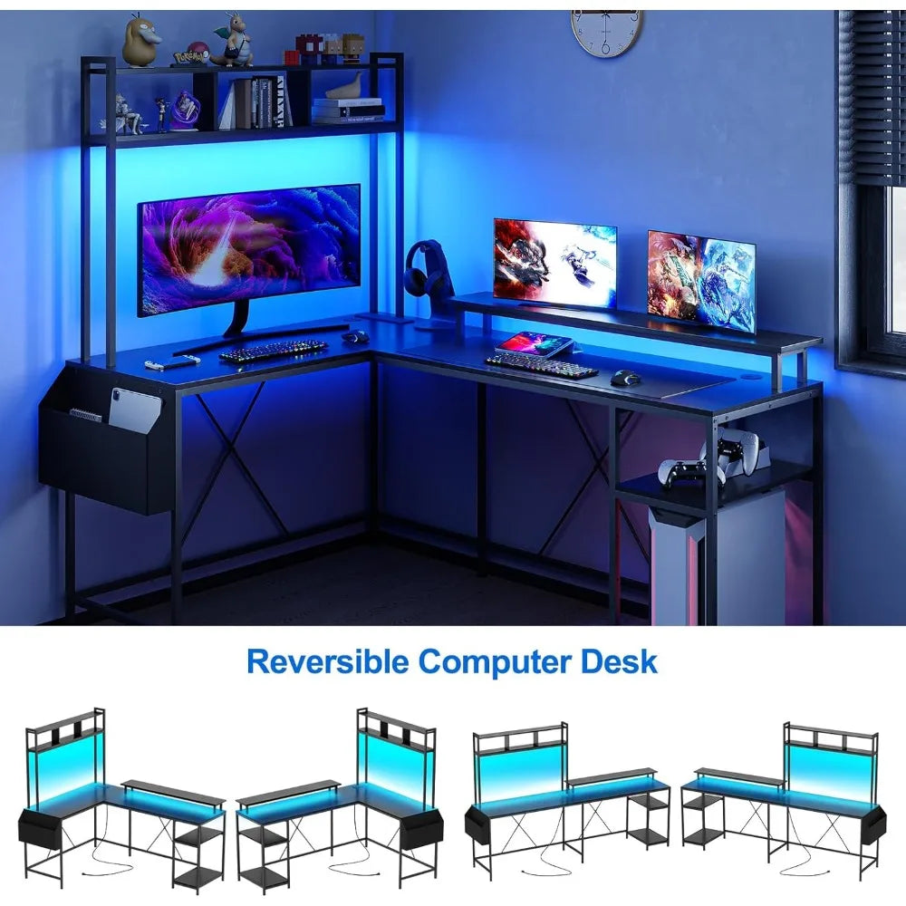 L-Shaped Computer Gaming Desk with LED Lights & Power Outlets – 67" Reversible Large Desk with Monitor Stand & Storage - Image 4