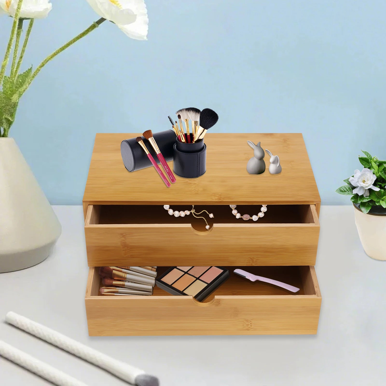 2/4-Drawer Mini Bamboo Desk Organizer – Tabletop Storage Box for Office, Home, Toiletries & Supplies - Image 4