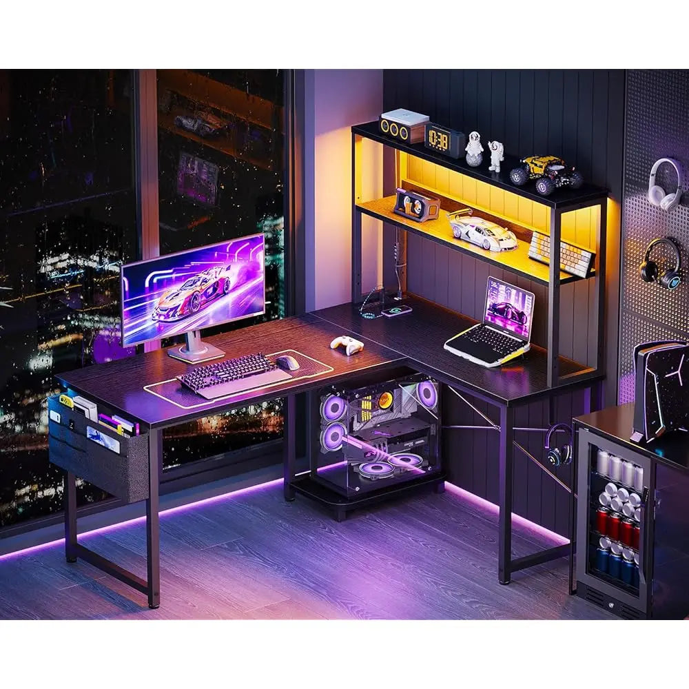 43" L-Shaped Gaming Desk – Reversible Corner Desk with LED Lighting, Power Outlets & Storage Shelves - Image 2