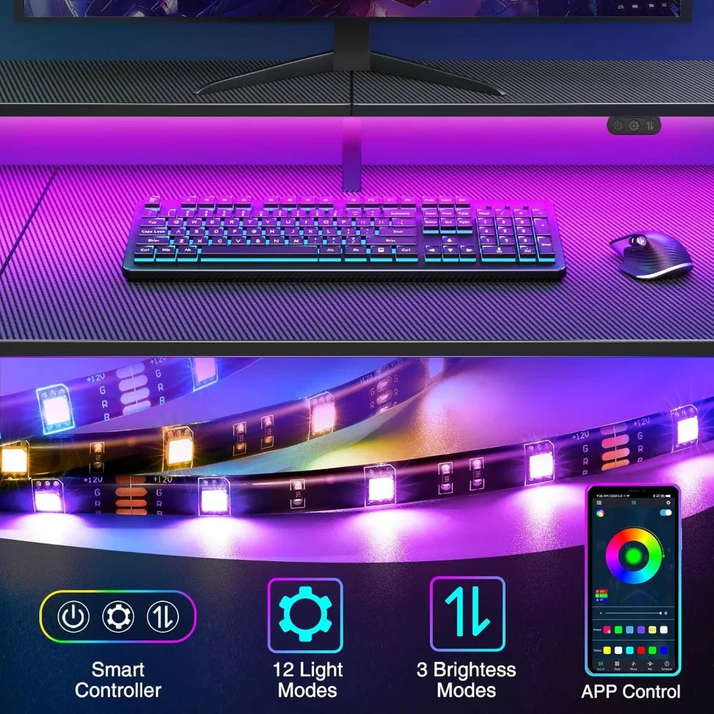 L-Shaped Gaming Desk with LED Lights & Power Outlets – 47” Reversible Corner Desk with Storage Shelf & Monitor Stand - Image 5