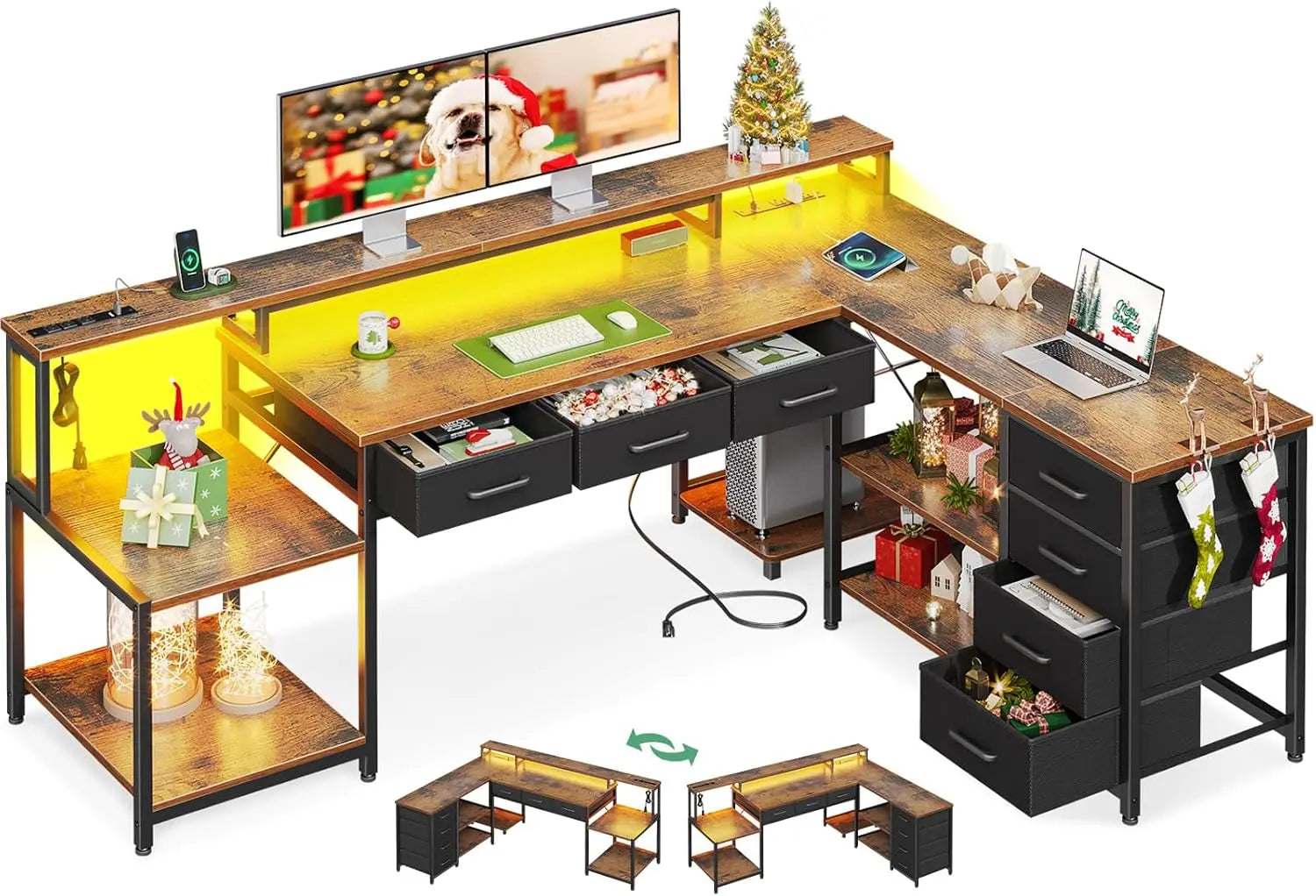 L-Shaped Desk with 7 File Drawers – Computer Desk with Monitor Shelf & Power Outlets for Home Office Storage - Image 7