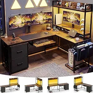 L-Shaped Gaming Desk with Keyboard Tray – Reversible Computer Desk with Power Outlet, Corner Home Office Desk with Mobile File Cabinet - Image 8