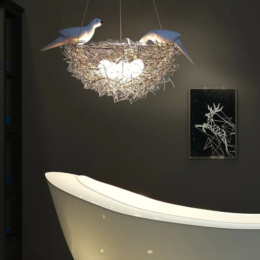 Bymaocar LED Bird's Nest Art Pendant Light – Warm Indoor Lighting Fixture with Adjustable Cord