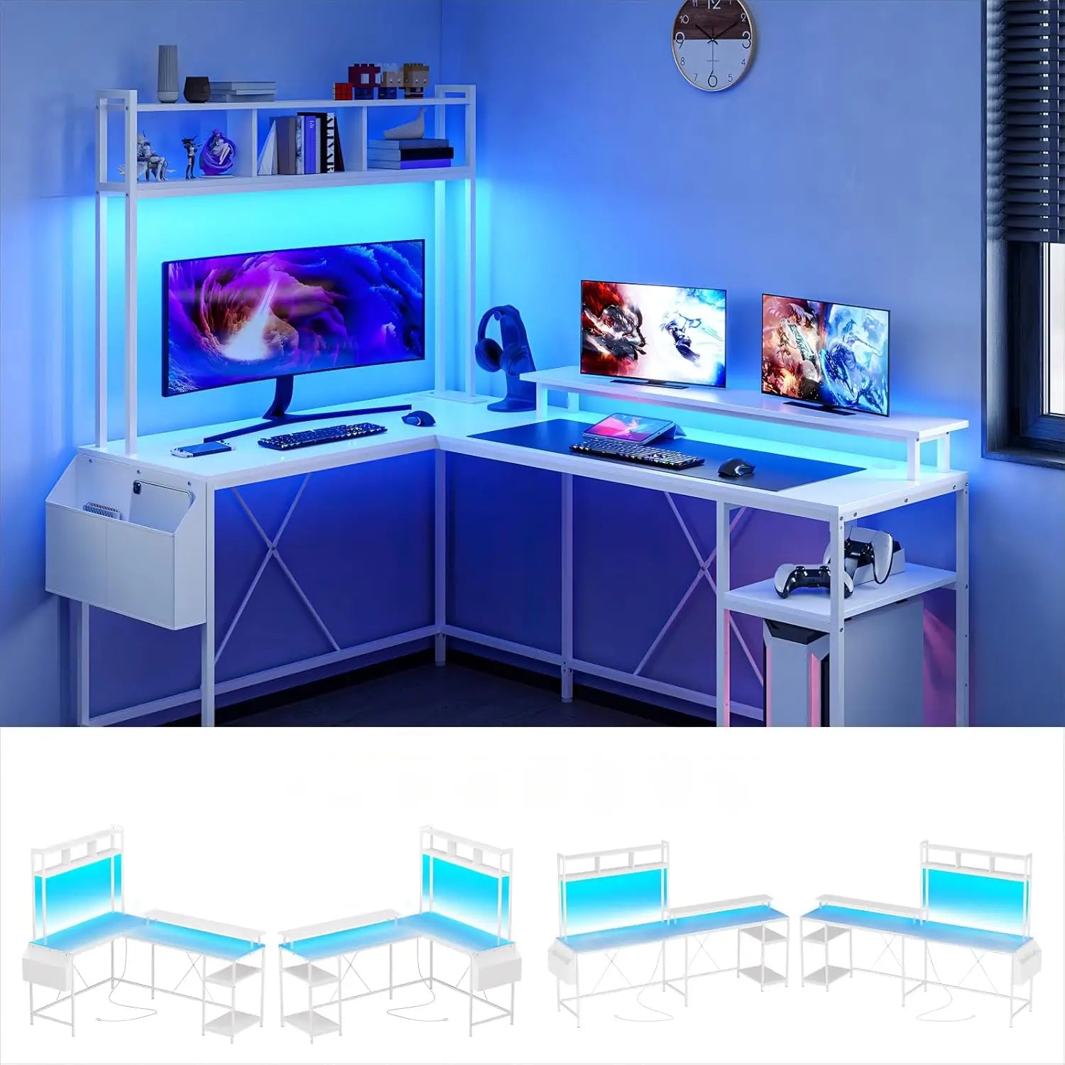 L-Shaped Computer Gaming Desk with LED Lights & Power Outlets – 67" Reversible Large Desk with Monitor Stand & Storage - Image 8
