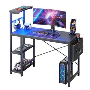 44" Gaming Desk with LED Lights – Compact PC Desk with Reversible Storage Shelves & Side Organizer