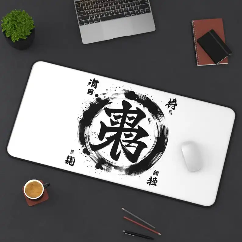 Desk Mat with Chinese & Japanese Traditional Kanji Calligraphy – Mouse Pad & Office Decor Accessory for Zen Workspace